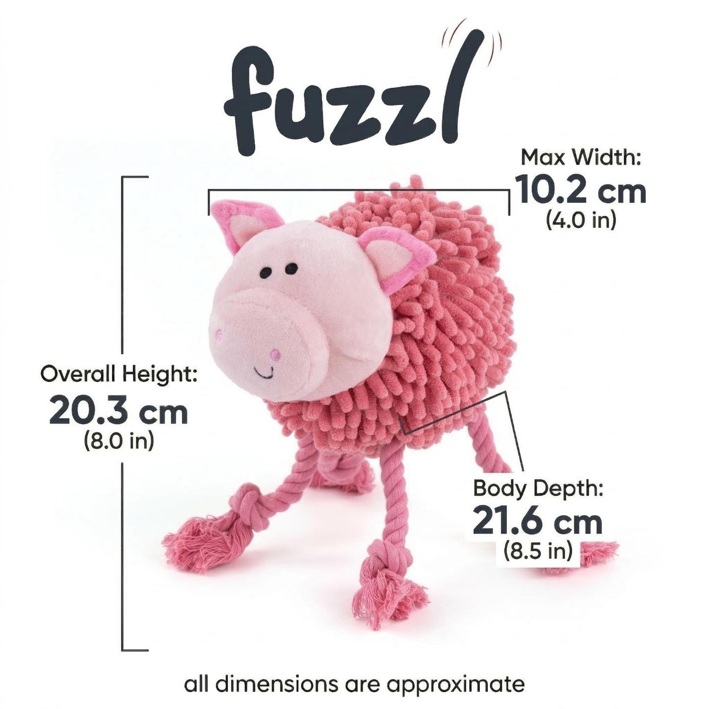 Fuzzl Farmyard Friends Pink Pig | Large Noodle Plush Rope Dog Toy