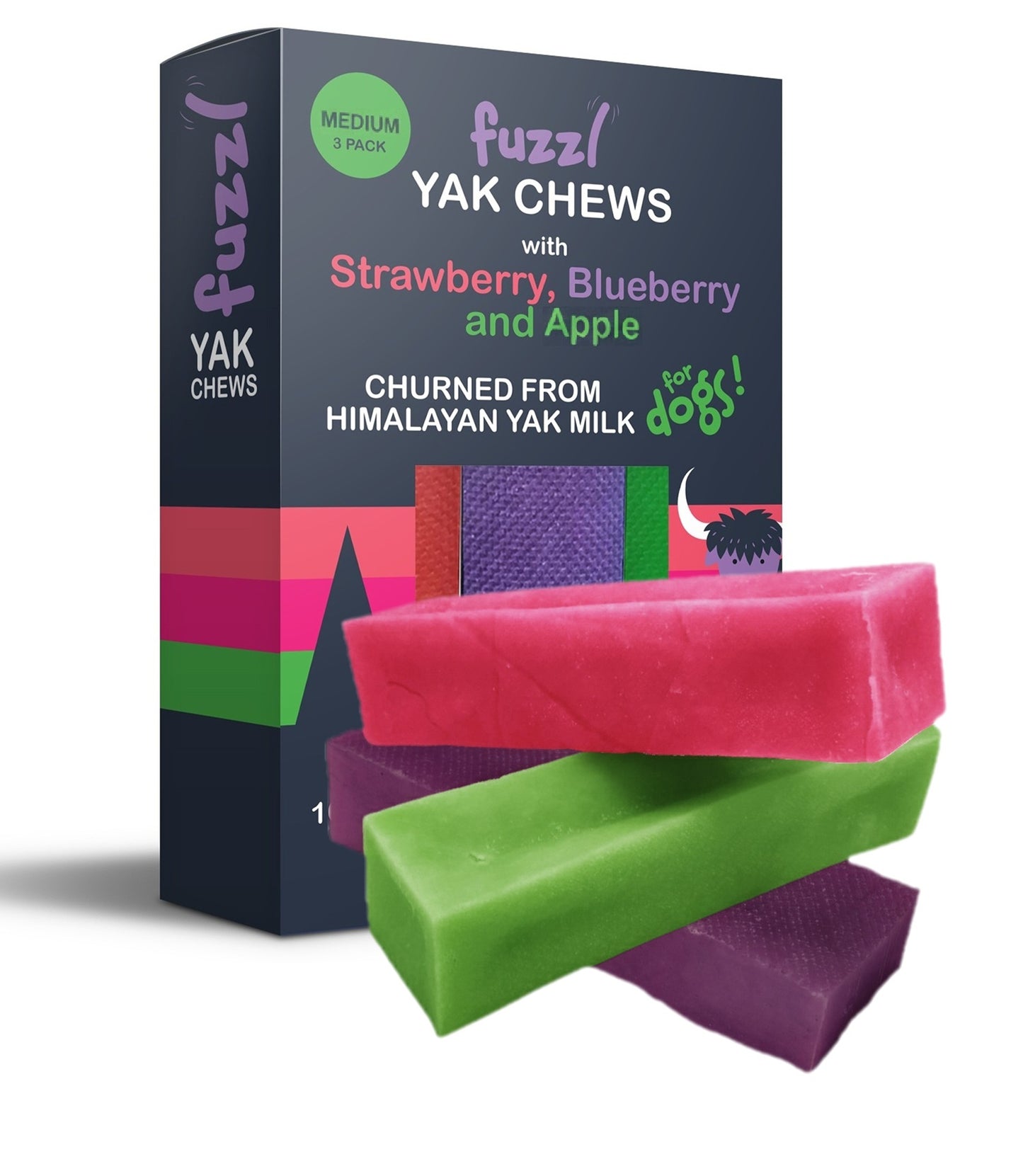 Fuzzl Yak Chews - Blueberry, Strawberry, Apple 225g - 3 Medium Chews