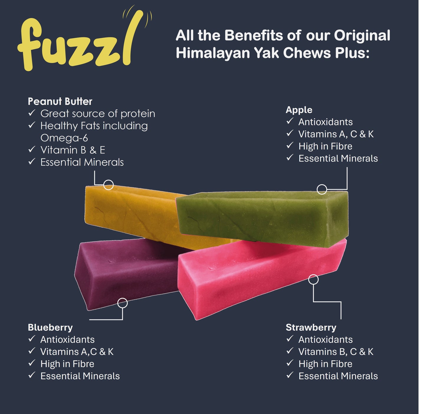 Fuzzl Yak Chews Apple, Strawberry, Blueberry, Peanut Butter Medium