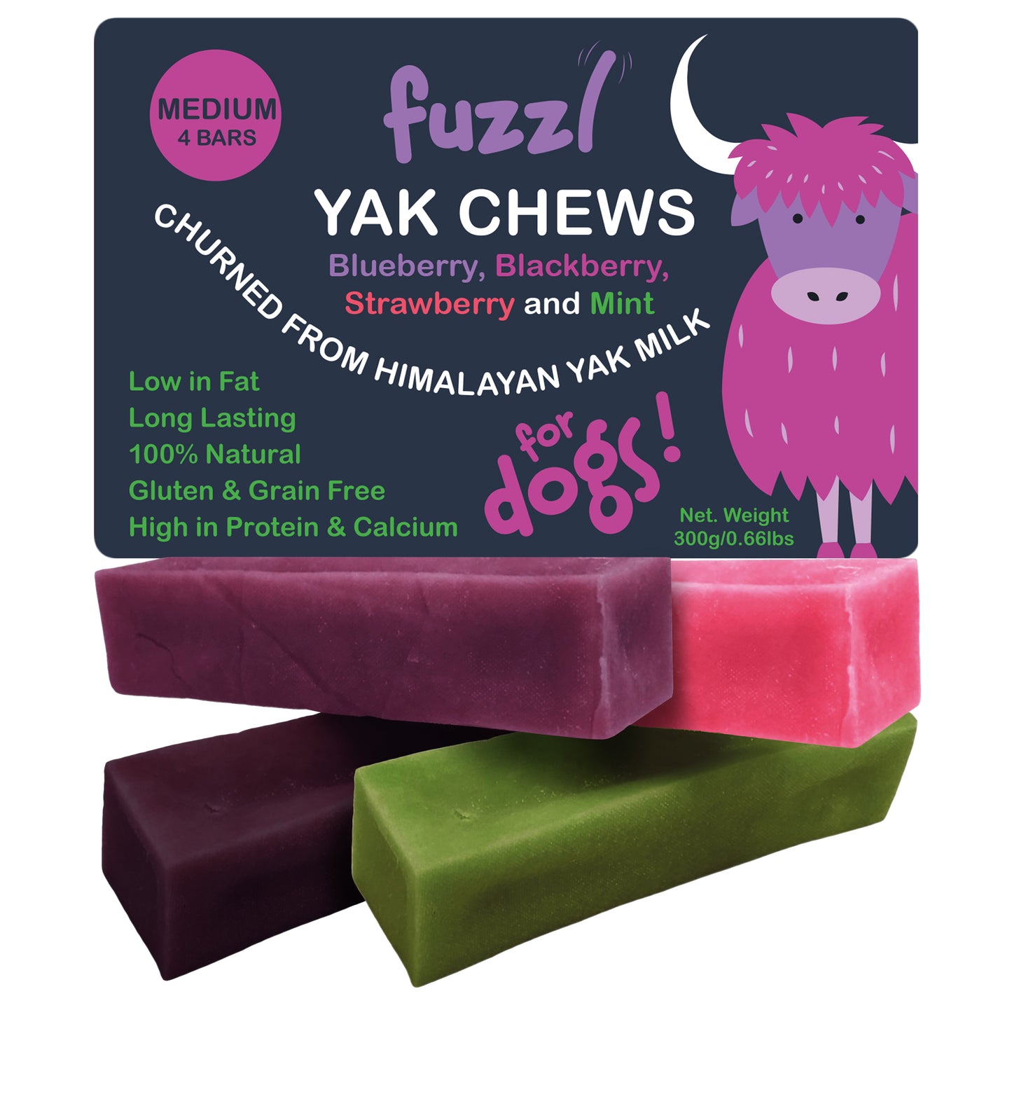 Fuzzl Yak Blueberry, Blackberry, Strawberry, Mint - 4 Bars Medium USA - Fuzzl Pet