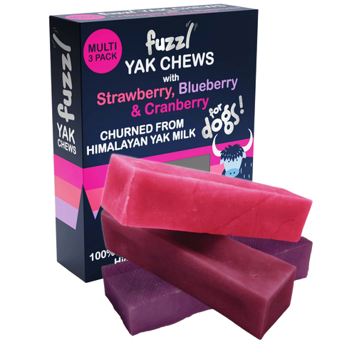 Fuzzl Yak Chews with Blueberry, Cranberry, Strawberry - Box of 3 - Himalayan Yak Chews for Dogs - Natural Dog Chew