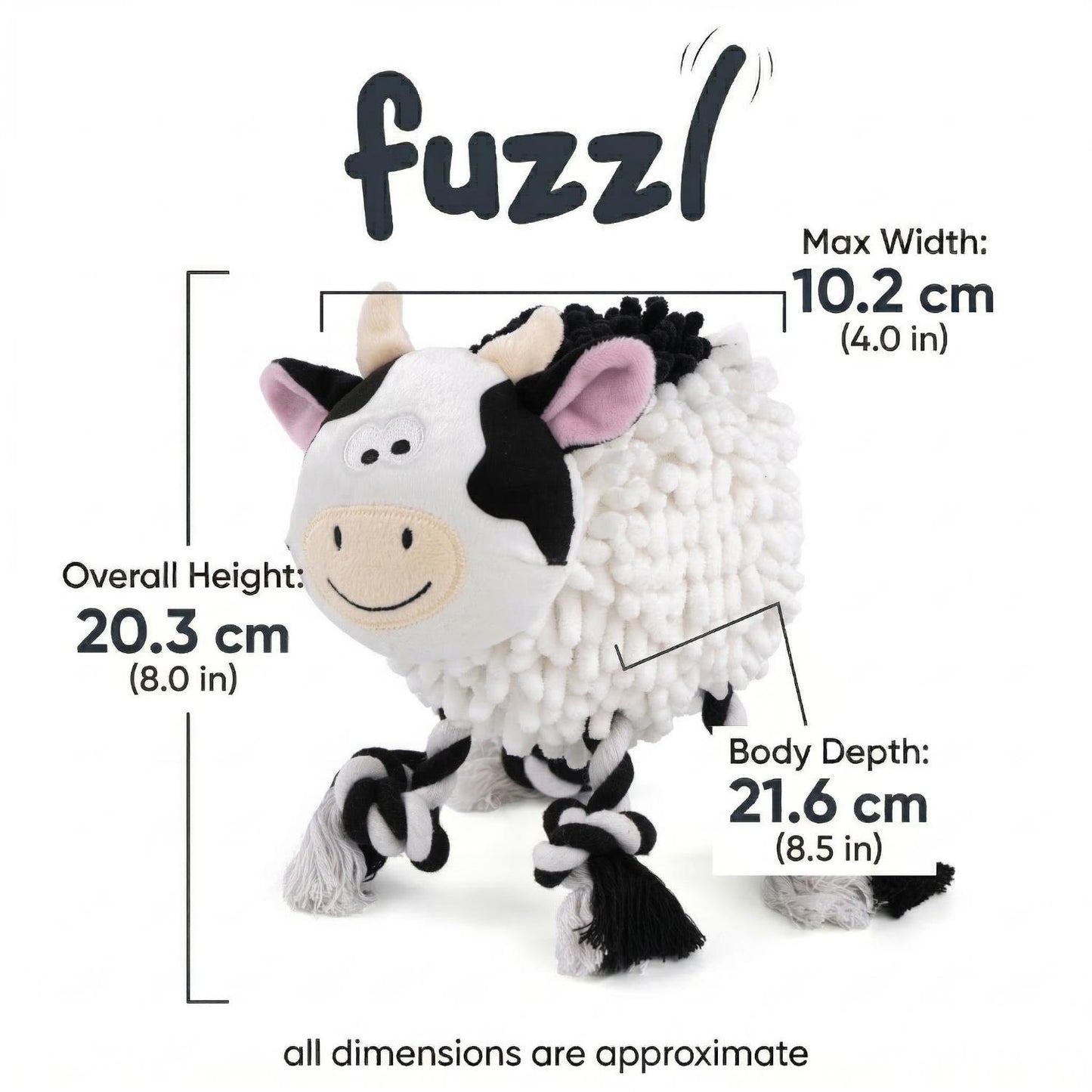 Fuzzl Farmyard Friends Molly Moo Cow | Large Noodle Plush Rope Toy