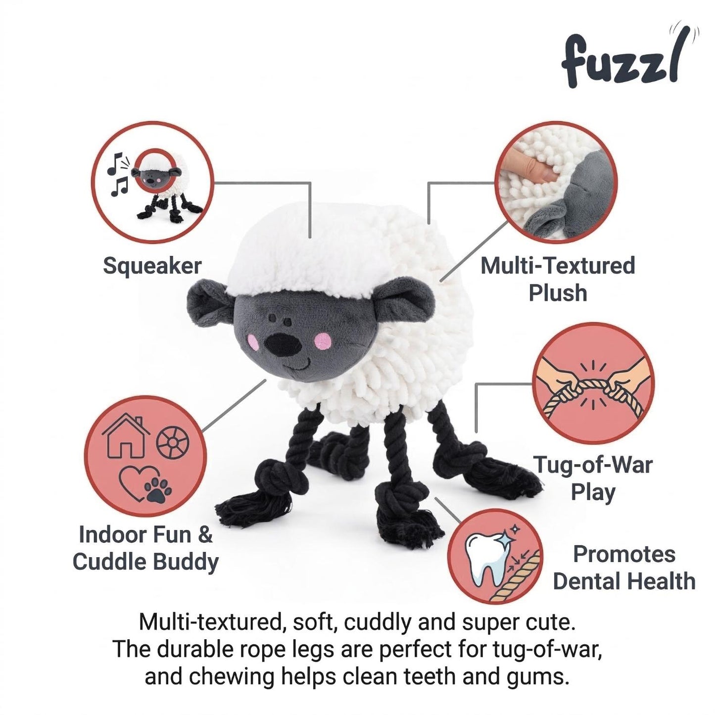 Fuzzl Farmyard Friends Woolly Sheep | Large Noodle Plush Rope Toy
