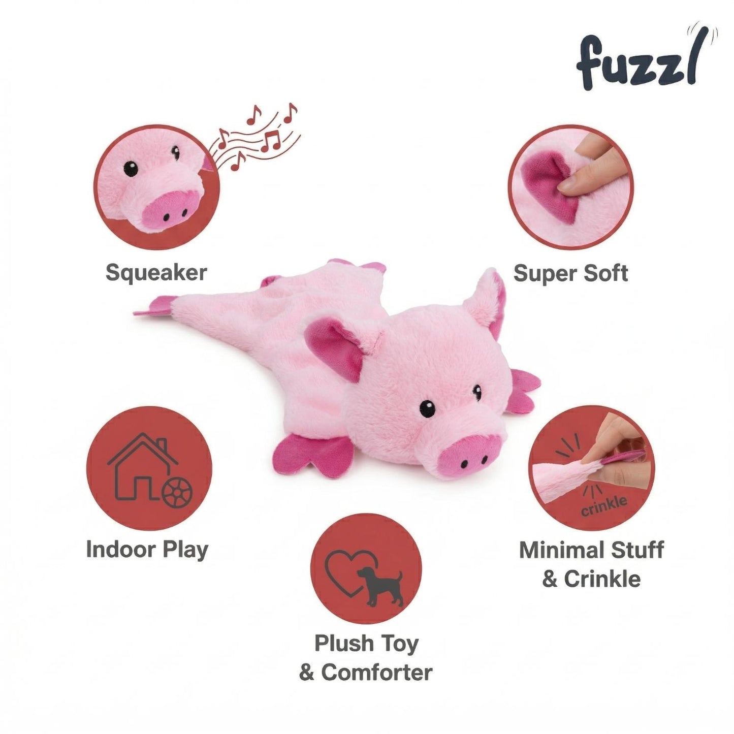 Fuzzl Pickles Pig | Minimal Stuffing Crinkle & Squeak Dog Toy