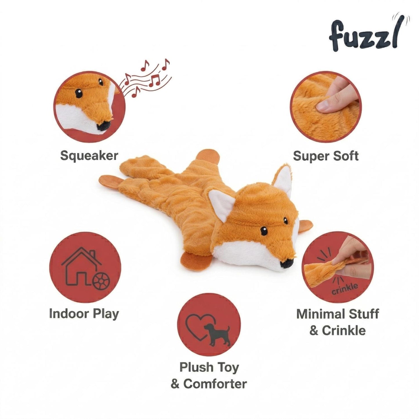 Fuzzl Freddy Fox | Low Stuffing Crinkle & Squeak Dog Toy