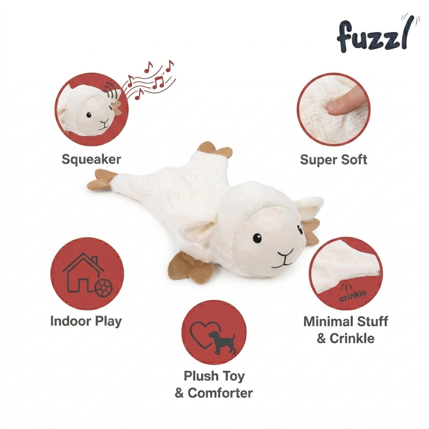 Fuzzl Lola Lamb | Minimal Stuffing Crinkle & Squeak Dog Toy
