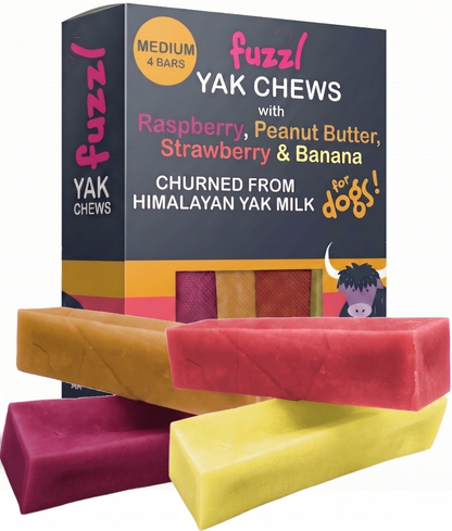 Fuzzl Himalayan Yak Chews Raspberry, Peanut Butter, Strawberry, Banana | Medium Box 4