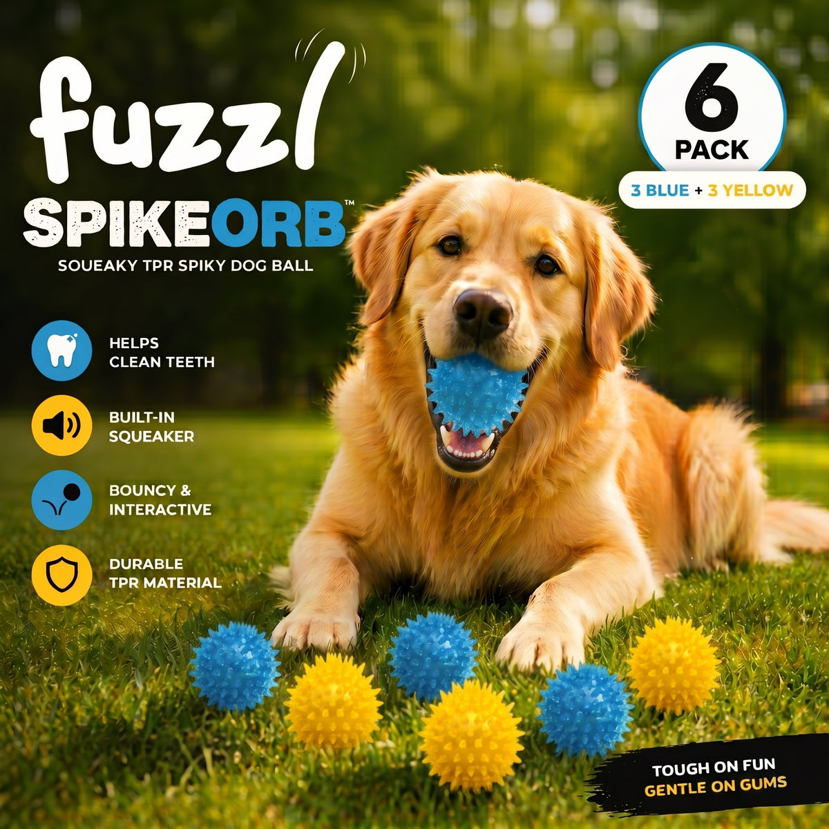 Fuzzl SpikeOrb Squeaky Spiky Ball | 6 Pack 9cm – Dog Toy