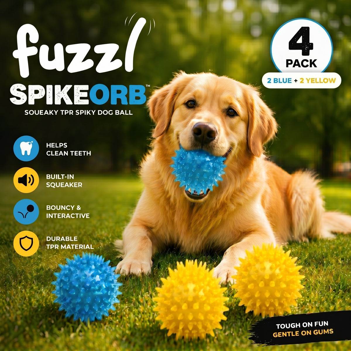 Fuzzl SpikeOrb Jumbo Squeaky Ball | 4 Pack 12cm – Dog Toy
