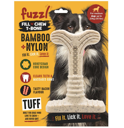 Fuzzl Fill-N-Chew Bamboo & Nylon T-Bone Dog Toy - Bacon Flavour