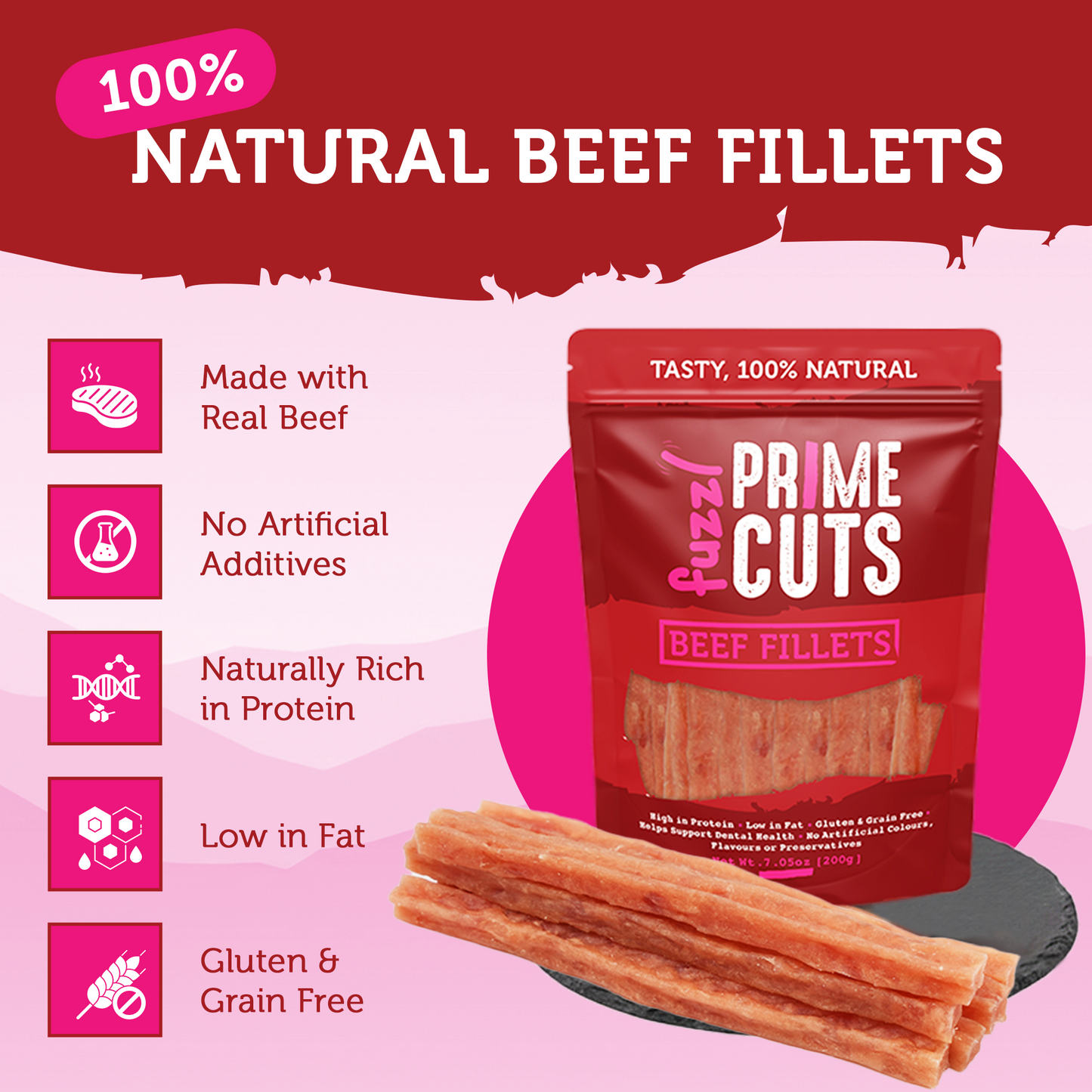 Fuzzl Prime Cuts Natural Beef Fillet Dog Treats | 5x200g Pack - Fuzzl Pet