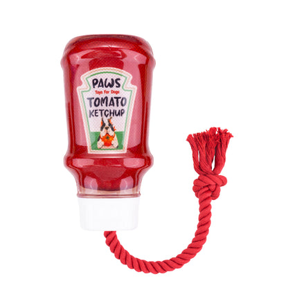 Fuzzl TPR Ketchup Bottle Rubber Dog Toy with Rope – Durable Chew & - Fuzzl Pet