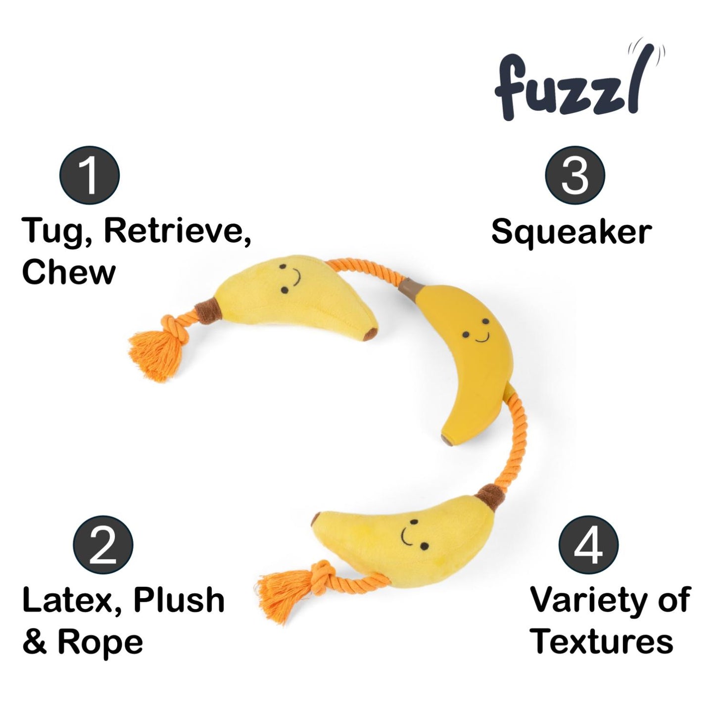 Fuzzl Tugga Bananas Dog Toy - Rope Latex and Plush Dog and Puppy