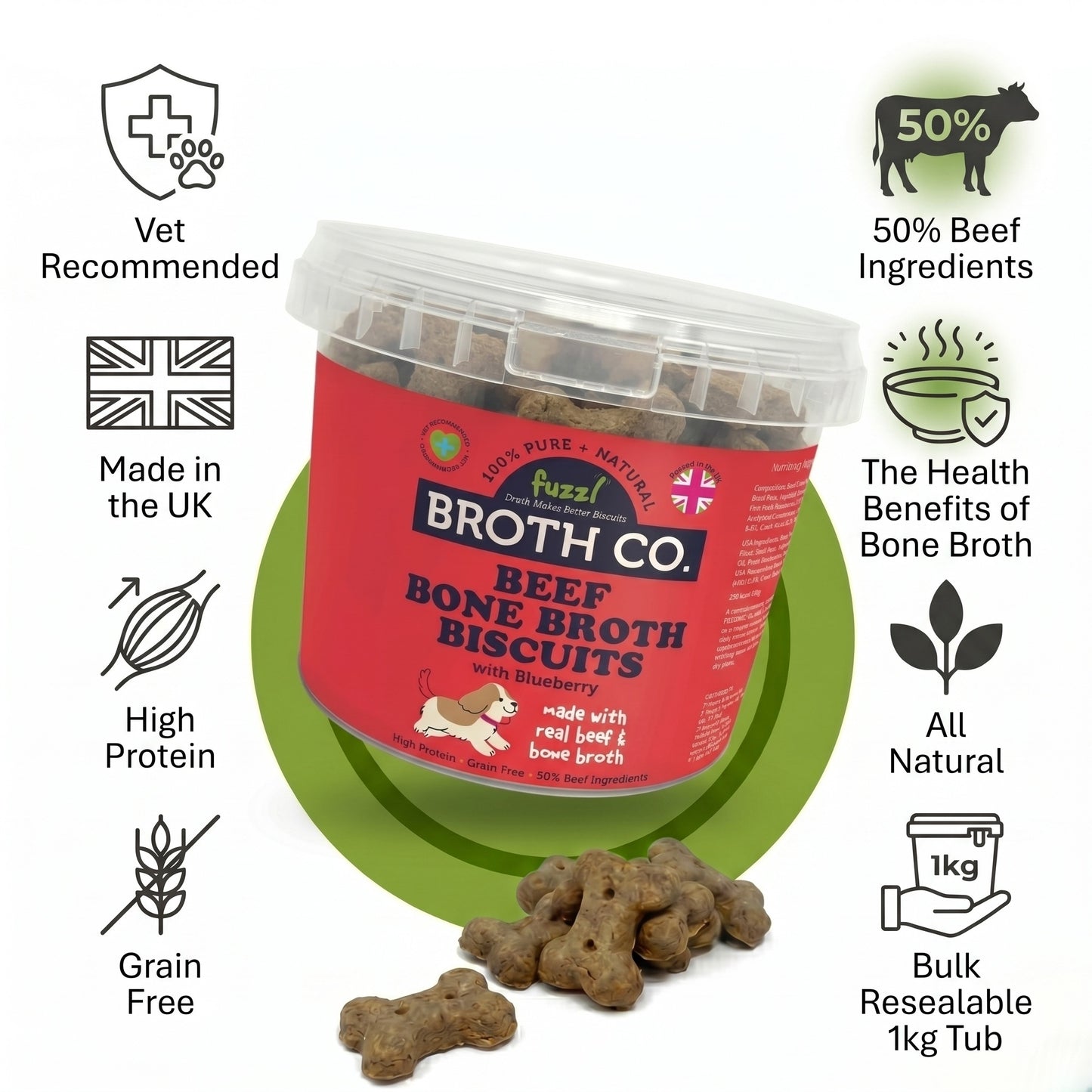 Fuzzl Broth Co. | Beef Bone Broth & Blueberry Dog Treats (1kg Bulk Tub)