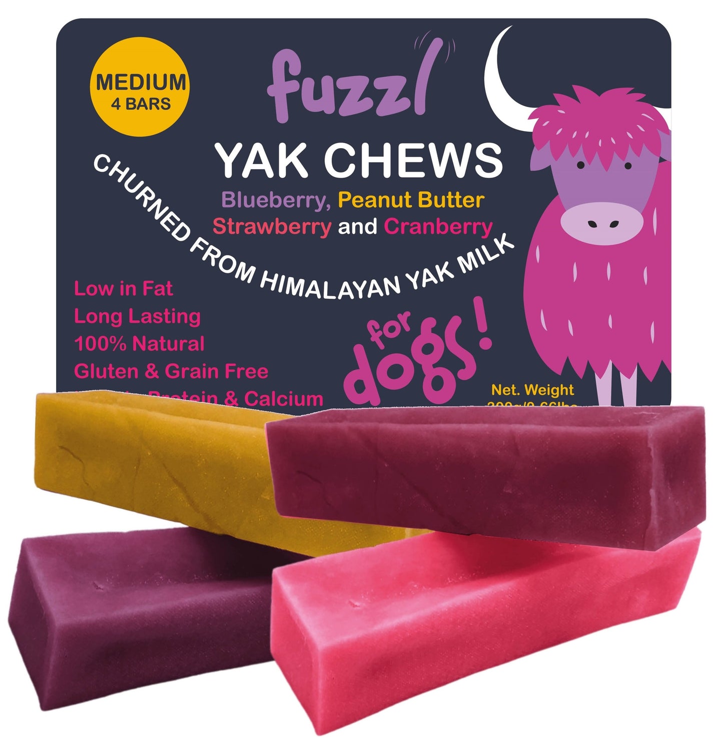 Fuzzl Yak Chews Blueberry, Strawberry, Peanut Butter, Cranberry