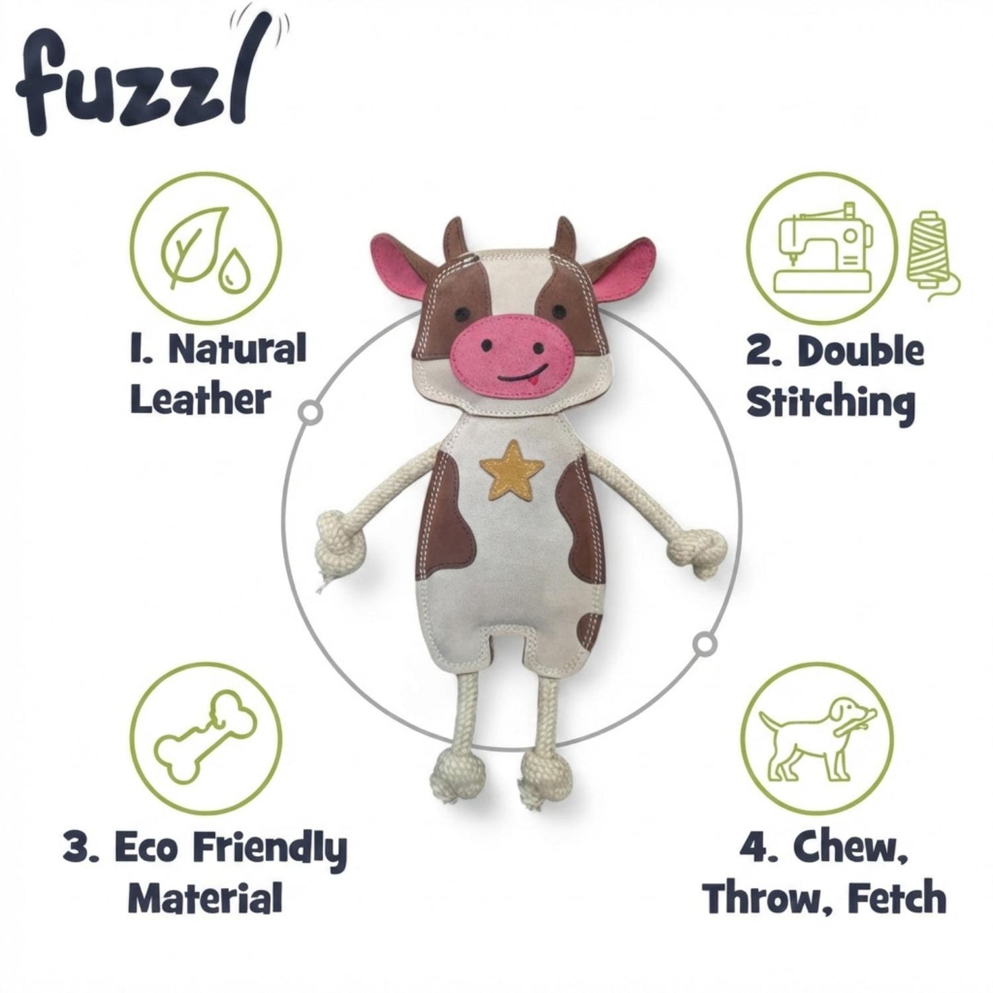 Fuzzl Eco Leather Cow | Natural Tough Chew Dog Toy