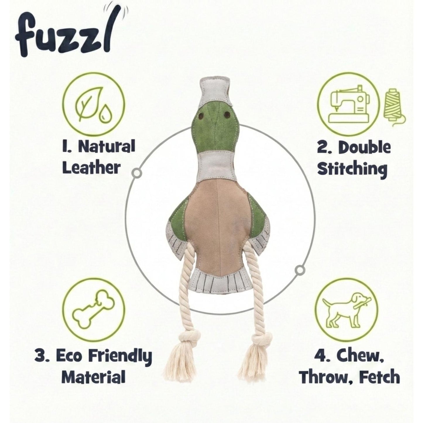 Fuzzl Eco Leather Dudley Duck | Natural Tough Long-Lasting Toy