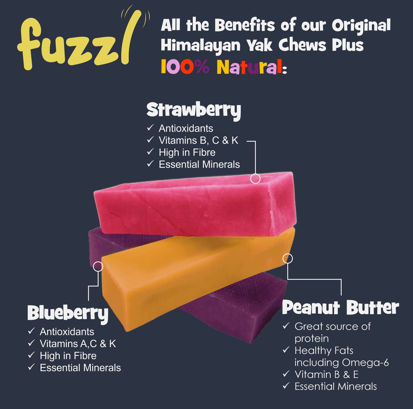 Fuzzl Yak Chews for Dogs - Medium 3 Pack with Peanut Butter,