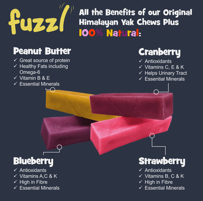 Fuzzl Yak Chews Blueberry, Strawberry, Peanut Butter, Cranberry