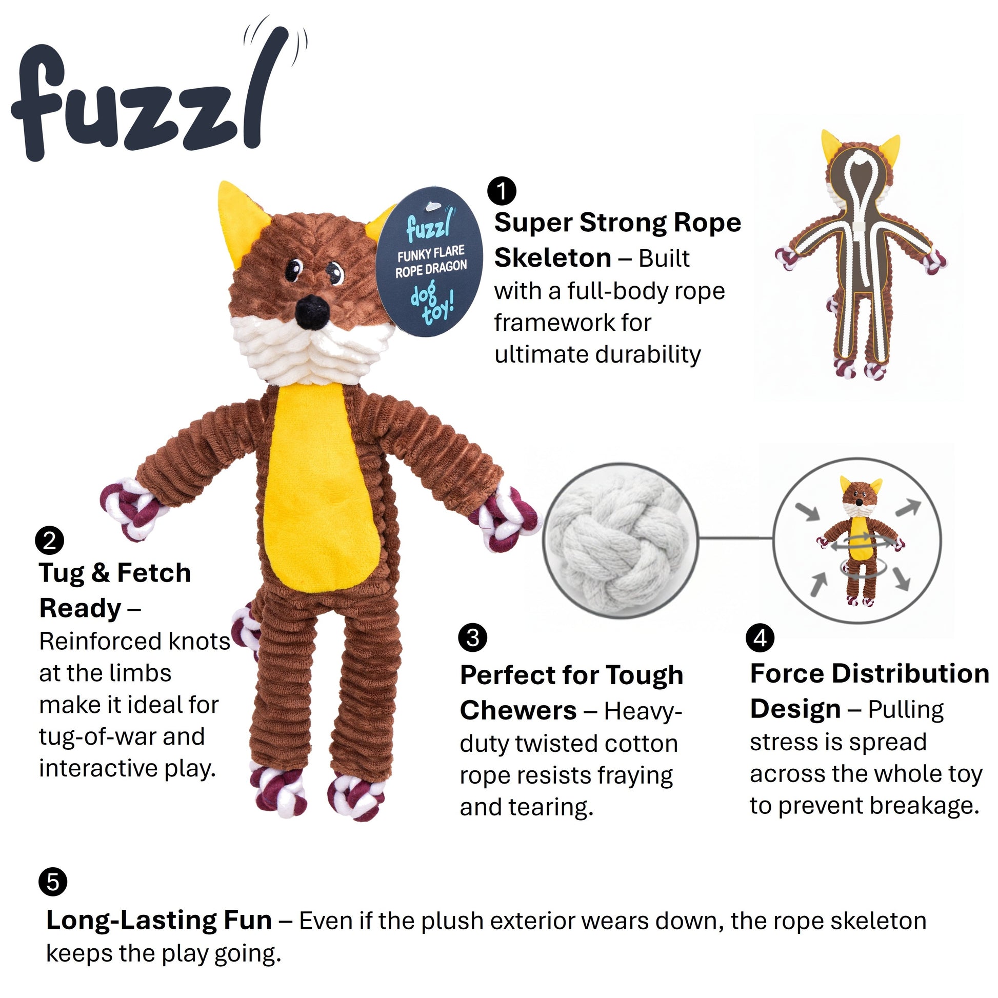 Fuzzl Fred Rope Exoskeleton Fox Dog Toy – Durable Knotted Rope with Squeaker - Fuzzl Pet