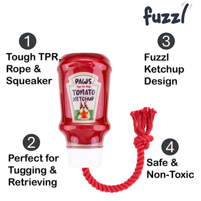 Fuzzl TPR Ketchup Bottle Rubber Dog Toy with Rope – Durable Chew & - Fuzzl Pet
