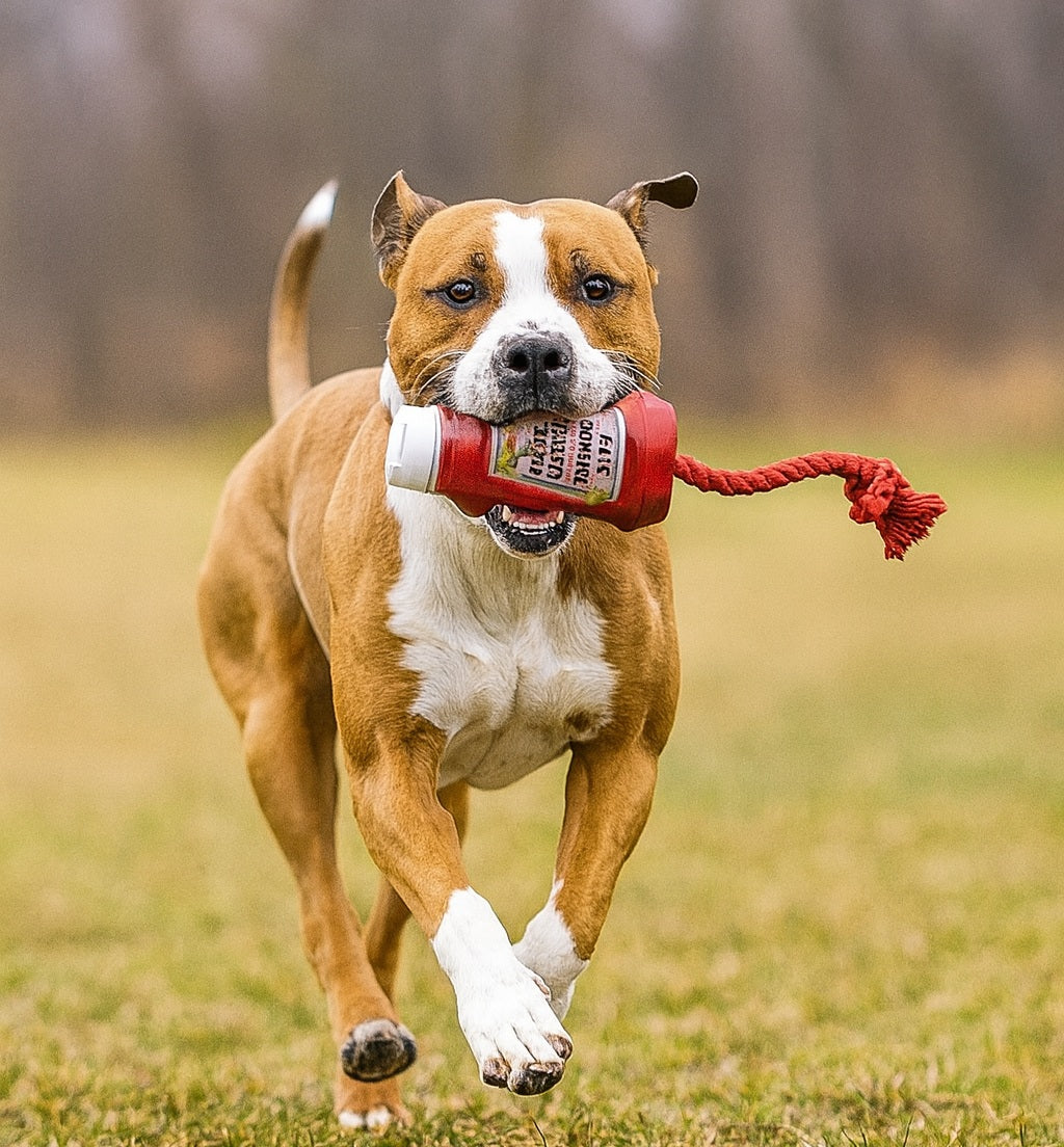 Fuzzl TPR Ketchup Bottle Rubber Dog Toy with Rope – Durable Chew & - Fuzzl Pet