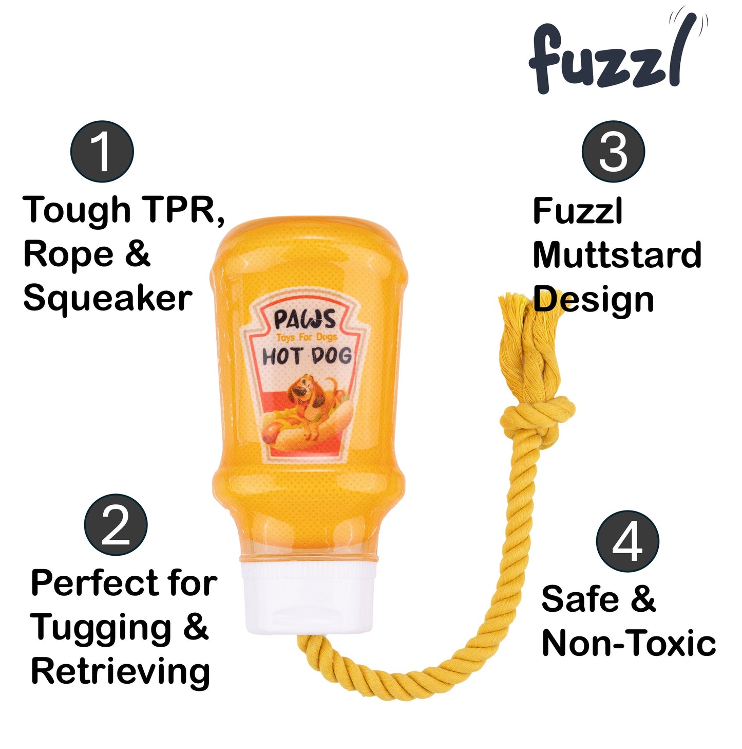 Fuzzl TPR Mustard Bottle Rubber Dog Toy with Rope – Durable Chew & - Fuzzl Pet