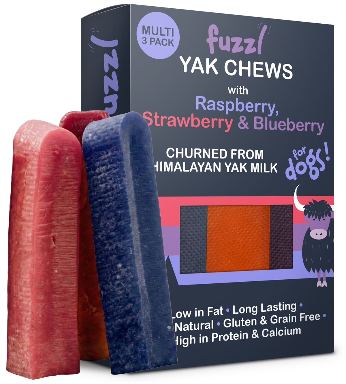 Fuzzl Raspberry, Strawberry, Blueberry Yak chews for Dogs Box 3 225g - Fuzzl Pet