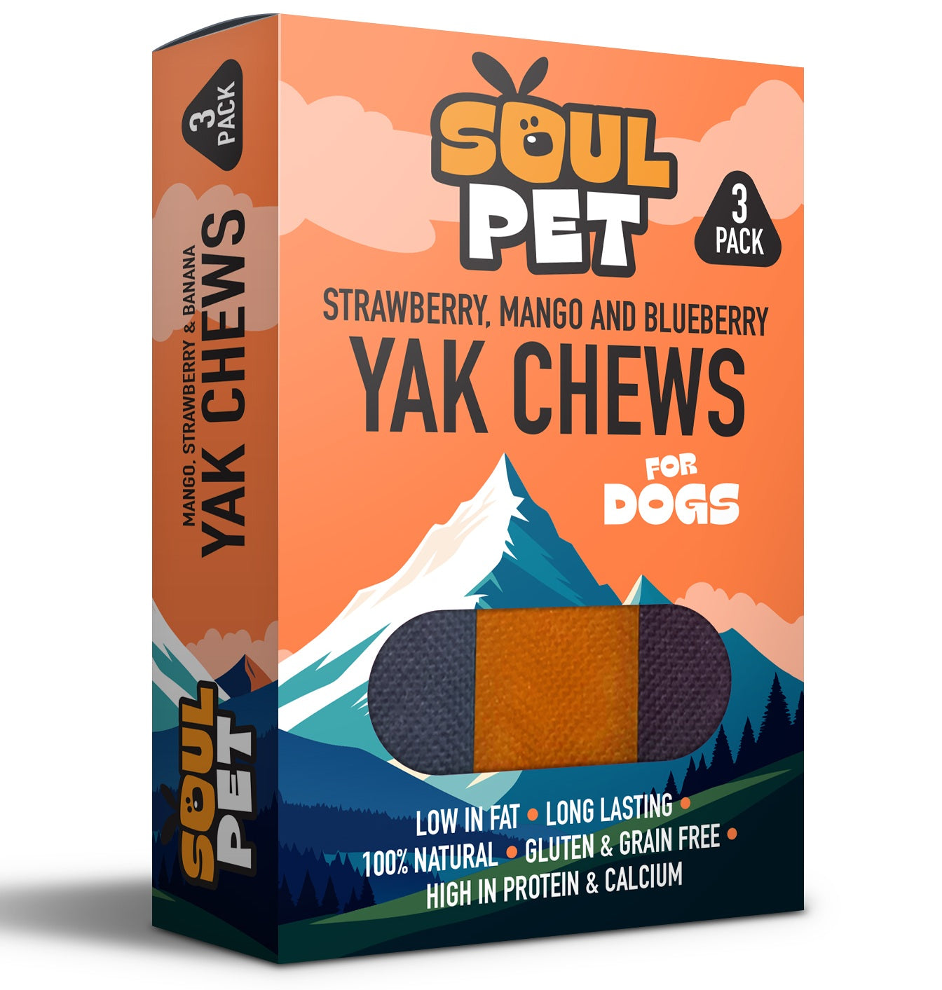 Soul Pet Yak Chews Strawberry Mango Blueberry | 3 Pack for Dogs