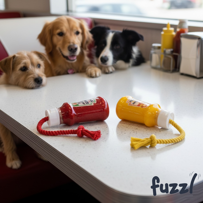Fuzzl TPR Mustard Bottle Rubber Dog Toy with Rope – Durable Chew & - Fuzzl Pet