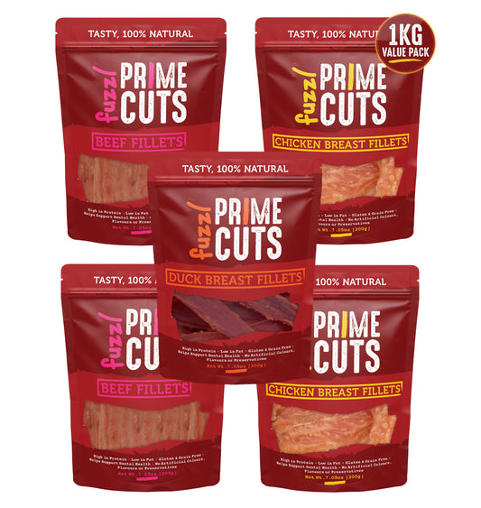 Fuzzl Prime Cuts 1kg Variety Pack | Natural Dog Treats – 5 Types