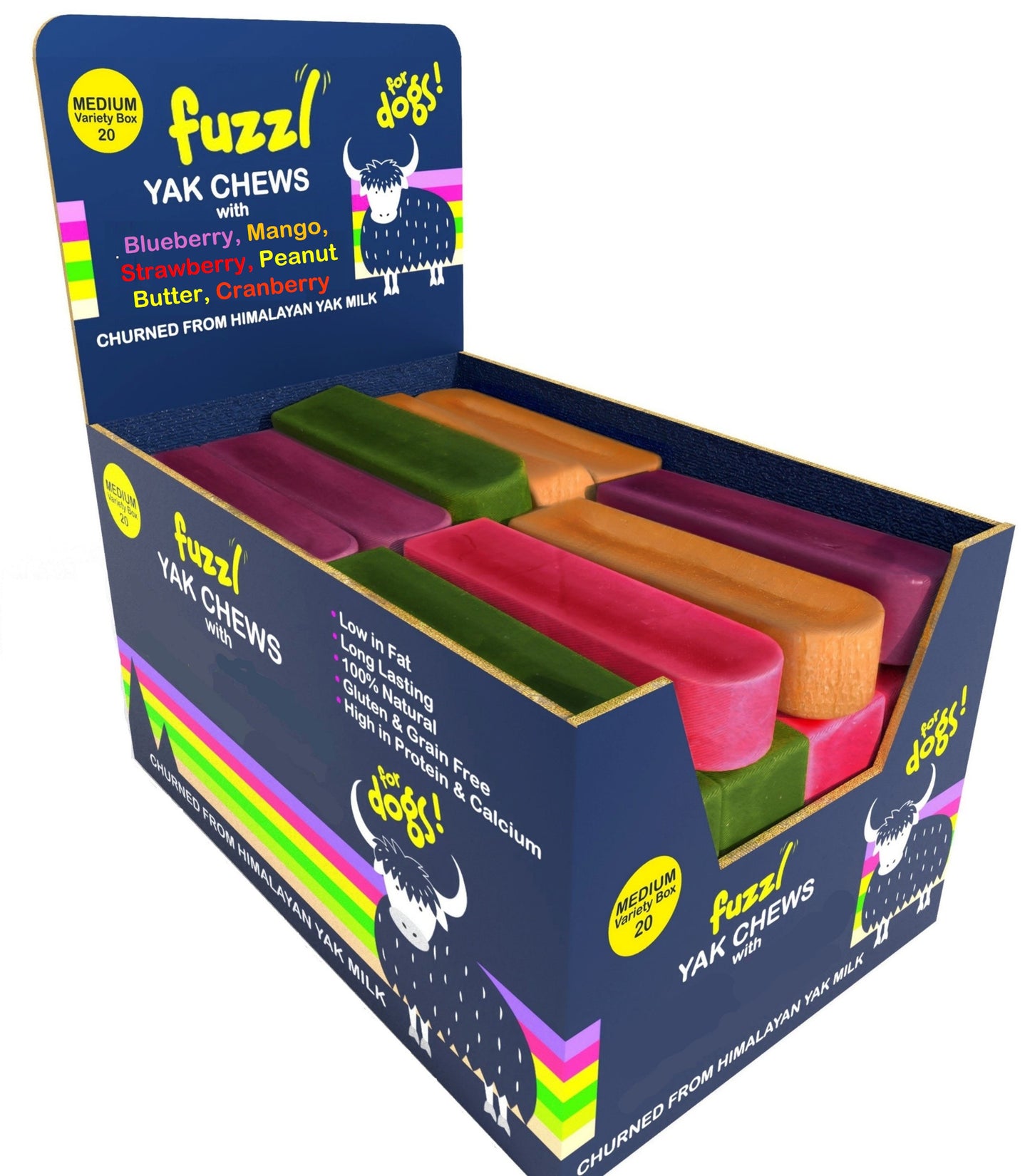Fuzzl Yak Chews - Box 20 Med - Blueberry, Strawberry, Peanut Butter, Cranberry, Mango & Free Popcorn